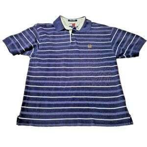 Tommy Hilfiger Polo Shirt Large Mens DAD Blue Logo Striped Casual Short Sleeve